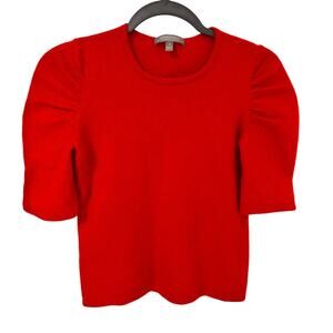 Neiman Marcus Puffed Half Sleeve Cashmere Pullover Sweater, Red, size S